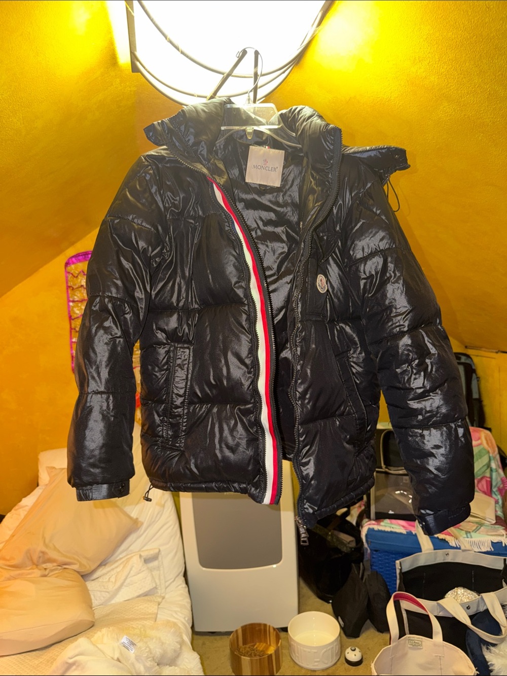 Moncler Kids Black Glossy Puffer Jacket with Tricolor Zip Trim